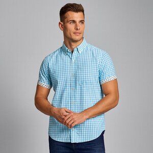 On the Road Men’s L Slim Fit Blue White Gingham Check Button Up Preppy Casual